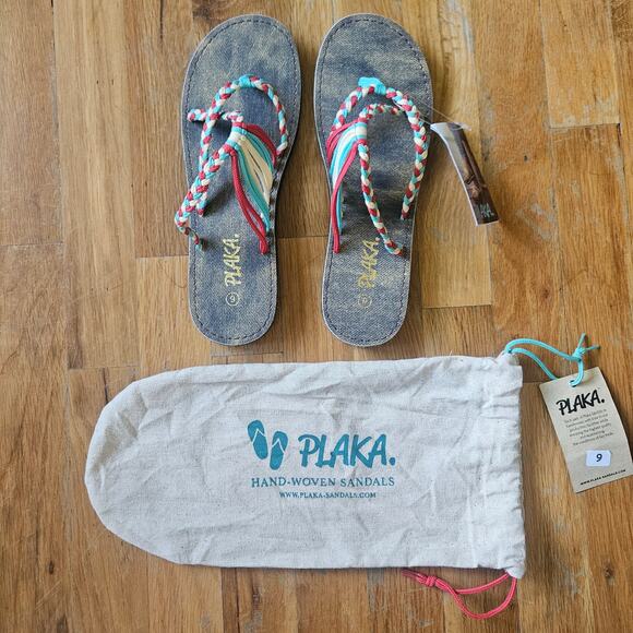 Plaka Sandals Size 9 Blue Red Handwoven Braided Strappy Beach Boho Oceanside - Picture 12 of 12